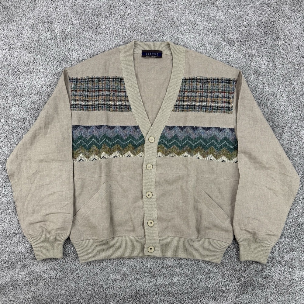 Umberto Vallati Cardigan Men IT 54 Plaid Aztec Linen Blend Made In Italy Grandpa